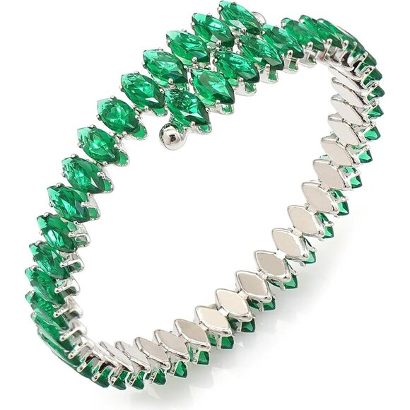 Green Cubic Zirconia Tennis Bracelets Open Adjustable Elastic Bangle for Women - Picture 1 of 7